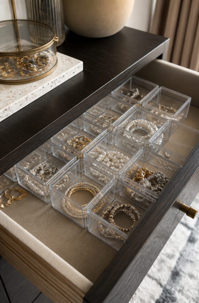 20 Dollar Tree Home Hacks for Organizing Every Room 8 Small acrylic organizers filled with jewelry in a drawer.