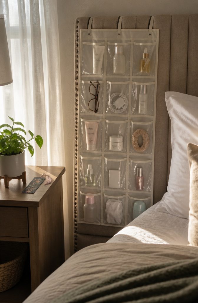 20 Dollar Tree Home Hacks for Organizing Every Room 7 Shoe organizer with clear pockets filled with bedside items.