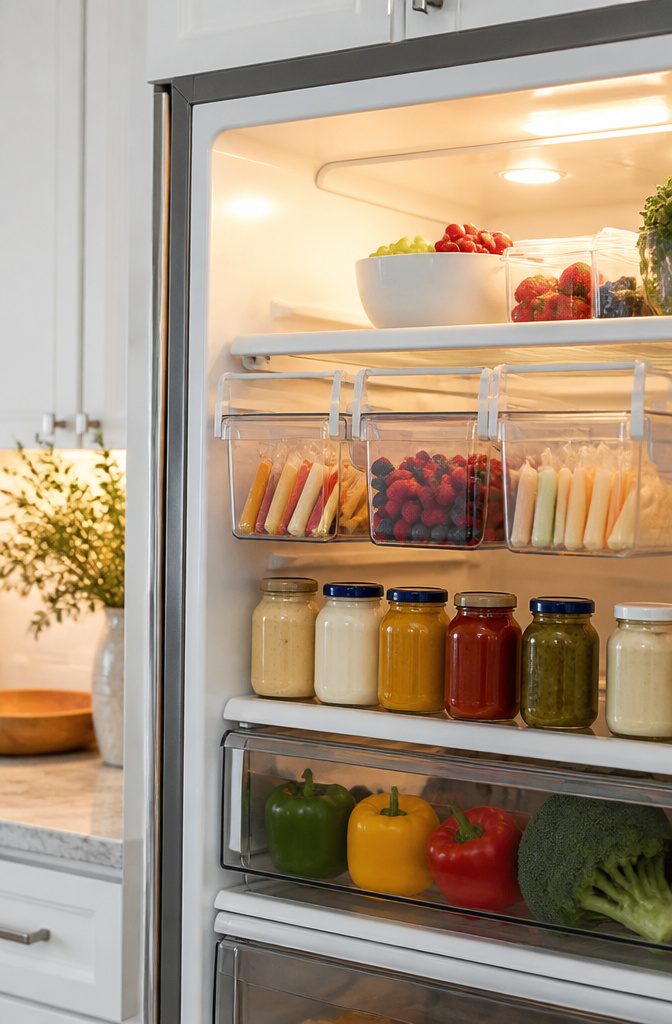 20 Dollar Tree Home Hacks for Organizing Every Room 2 Clip-on fridge drawers filled with snacks and berries.