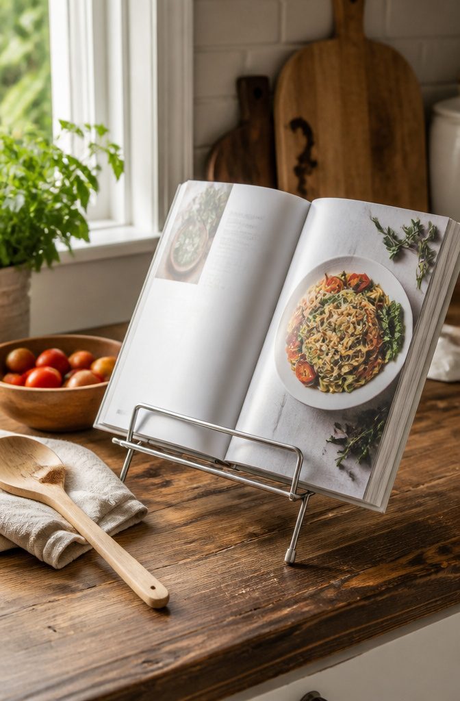 20 Dollar Tree Home Hacks for Organizing Every Room 11 Cookbook propped open on a wire plate stand in a kitchen.