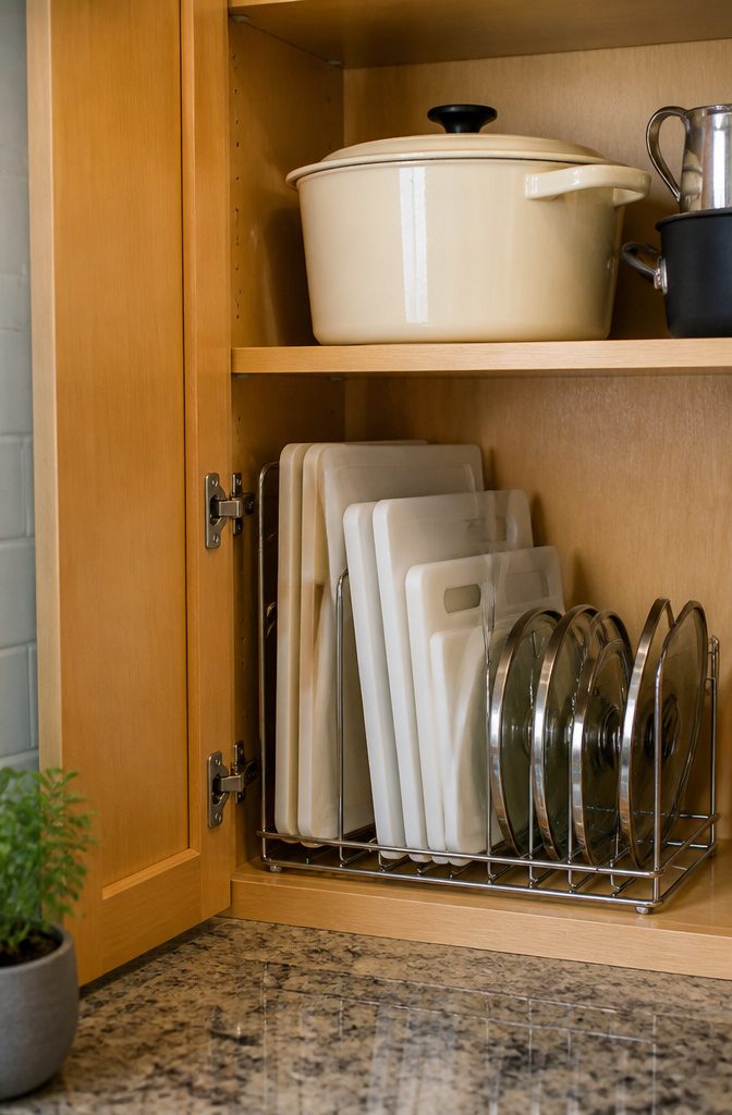 20 Dollar Tree Home Hacks for Organizing Every Room 4 Cutting boards and pot lids stored in a wire shower caddy.