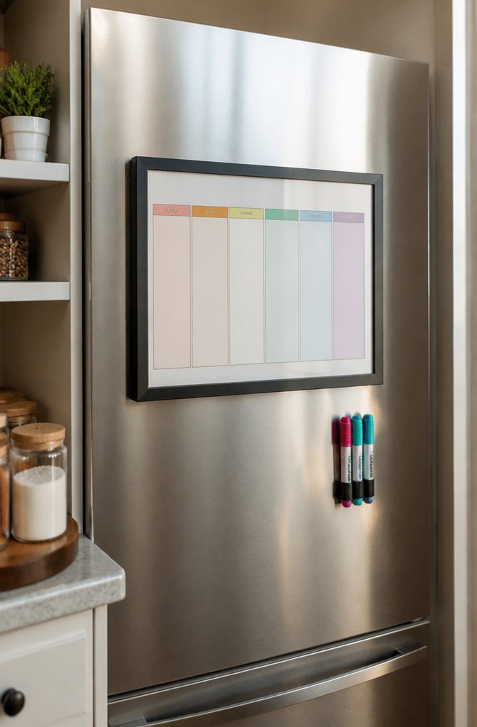 20 Dollar Tree Home Hacks for Organizing Every Room 6 A magnetic planner inside a picture frame on a fridge.