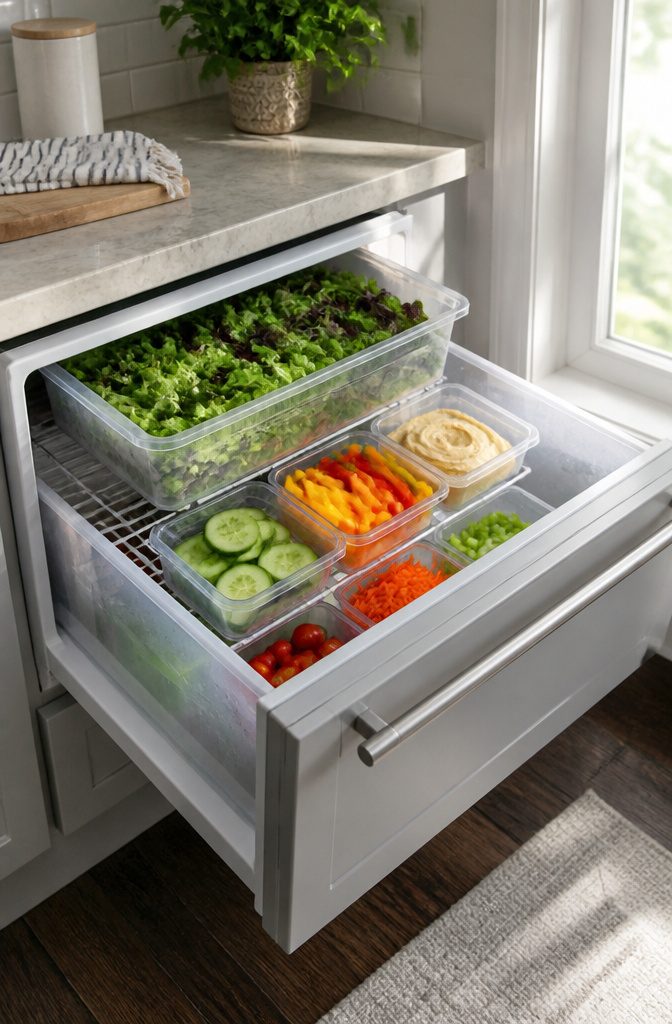 20 Dollar Tree Home Hacks for Organizing Every Room 3 Crisper drawer organized with stacked bins and a cooling rack.