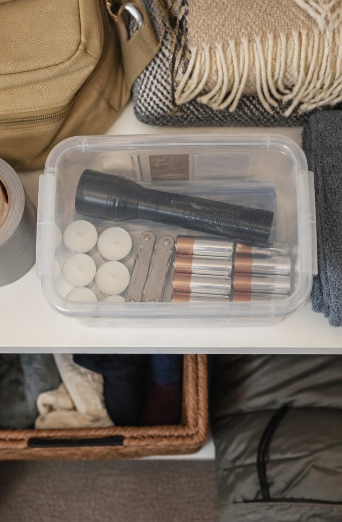 20 Dollar Tree Home Hacks for Organizing Every Room 19 Snap lid box containing emergency supplies on a shelf.