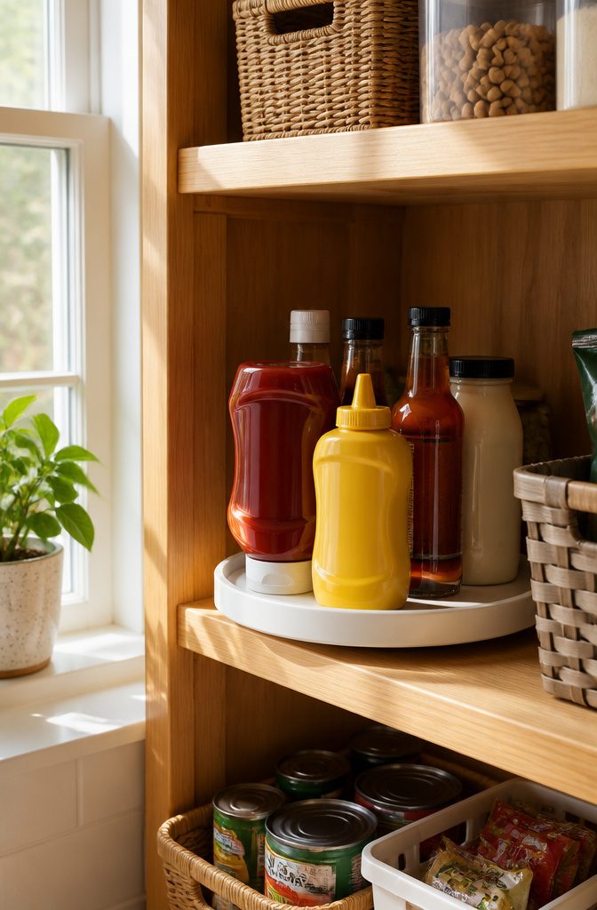 20 Dollar Tree Home Hacks for Organizing Every Room 1 A round turntable displaying condiments on pantry shelves.