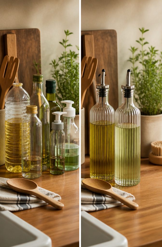 20 Dollar Tree Home Hacks for Organizing Every Room 5 Plastic bottles with pour spouts for oil and dish soap.