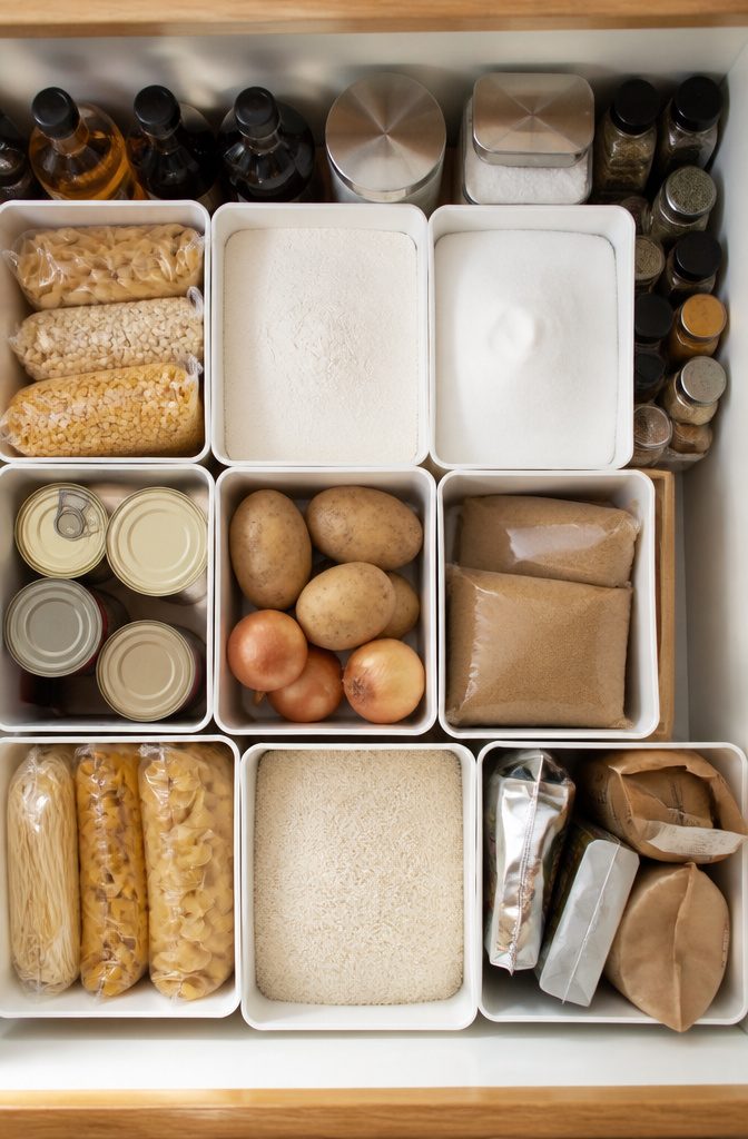 20 Dollar Tree Home Hacks for Organizing Every Room 14 Labeled bins filled with dry goods on a pantry shelf.