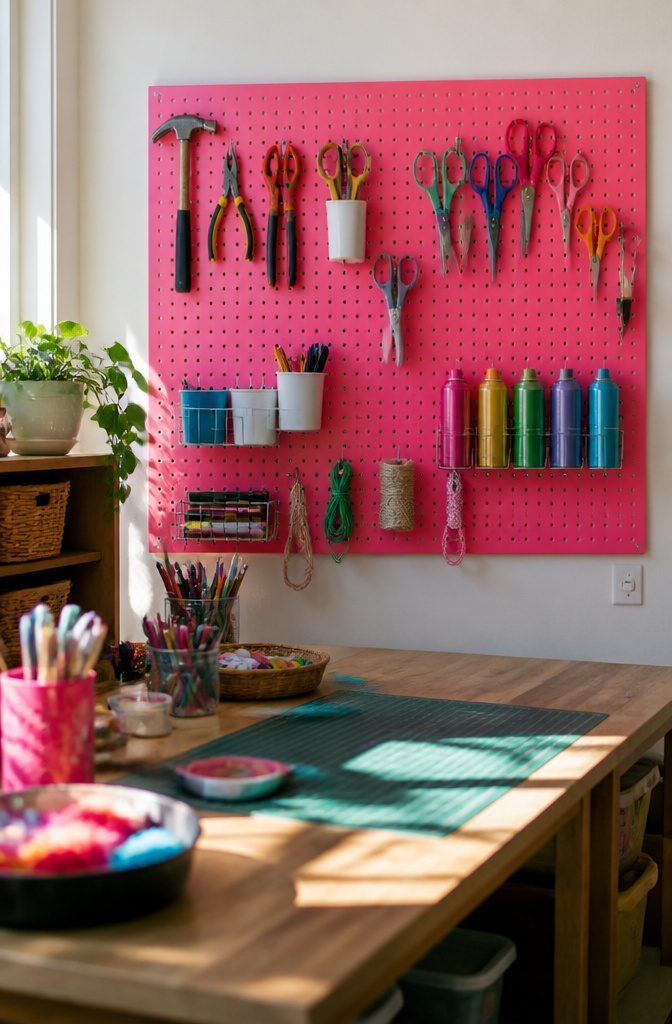 20 Dollar Tree Home Hacks for Organizing Every Room 20 Pegboard with tools and hooks mounted above a craft table.