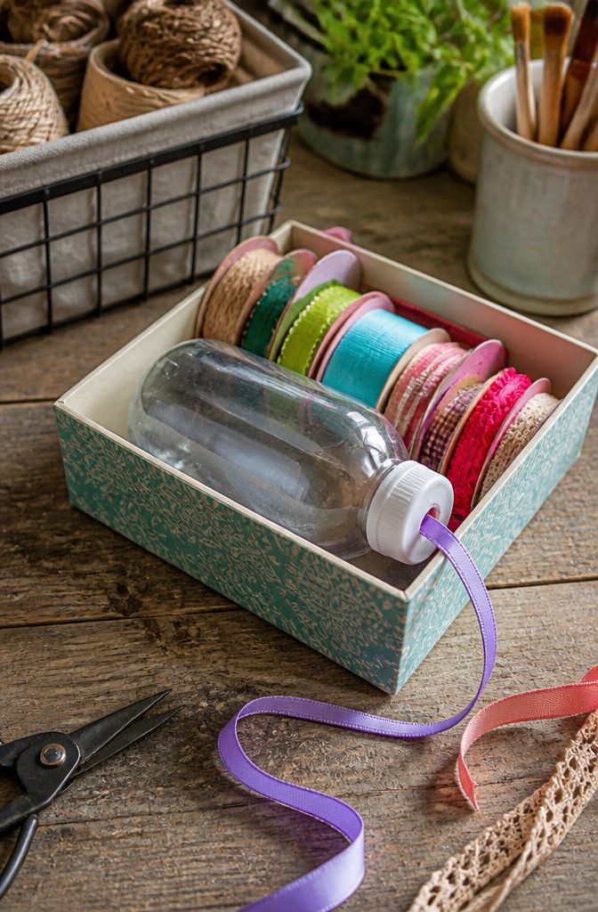 20 Dollar Tree Home Hacks for Organizing Every Room 18 Ribbon threaded through a sports bottle in a shallow box.