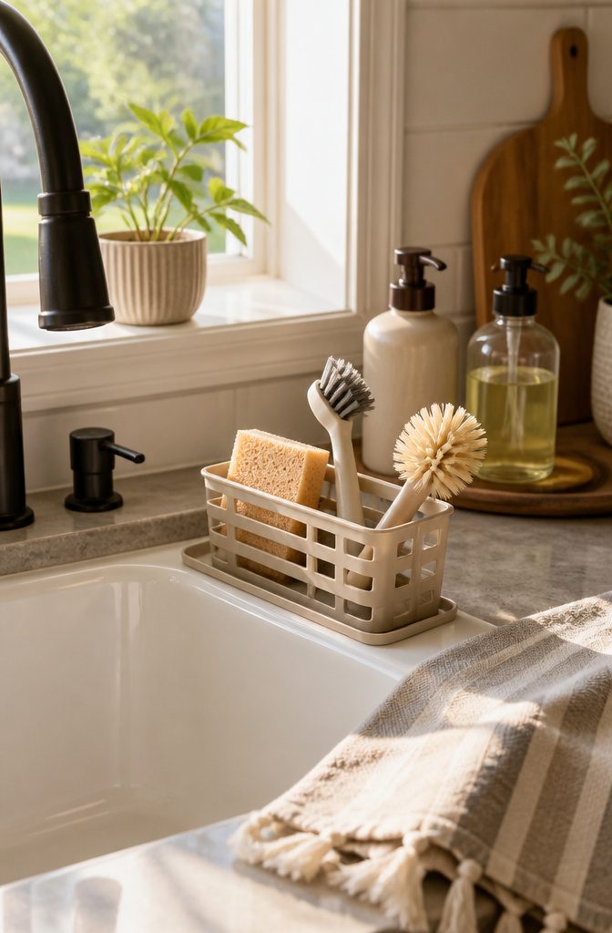 20 Dollar Tree Home Hacks for Organizing Every Room 15 Plastic sink caddy with a sponge and brushes at a kitchen sink.