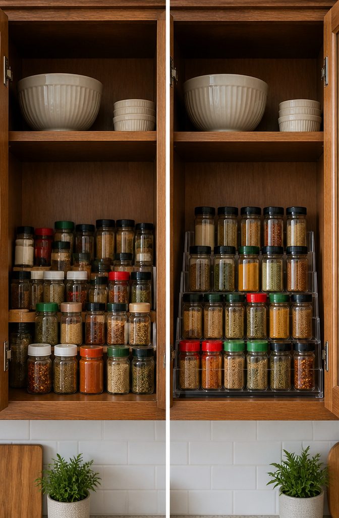 20 Dollar Tree Home Hacks for Organizing Every Room 16 Clear shelf risers displaying spice bottles in a cabinet.