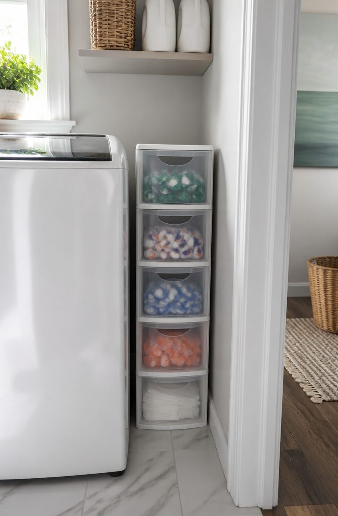20 Dollar Tree Home Hacks for Organizing Every Room 13 Stackable plastic drawers filled with laundry supplies in a laundry room.