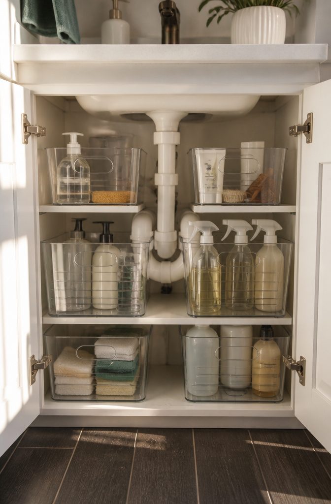 20 Dollar Tree Home Hacks for Organizing Every Room 9 Stackable bins arranged around plumbing under a bathroom sink.