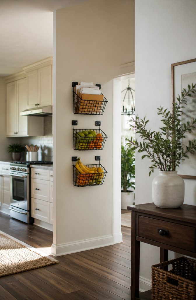 20 Dollar Tree Home Hacks for Organizing Every Room 17 Wire wall-mounted baskets holding mail and produce near a door.