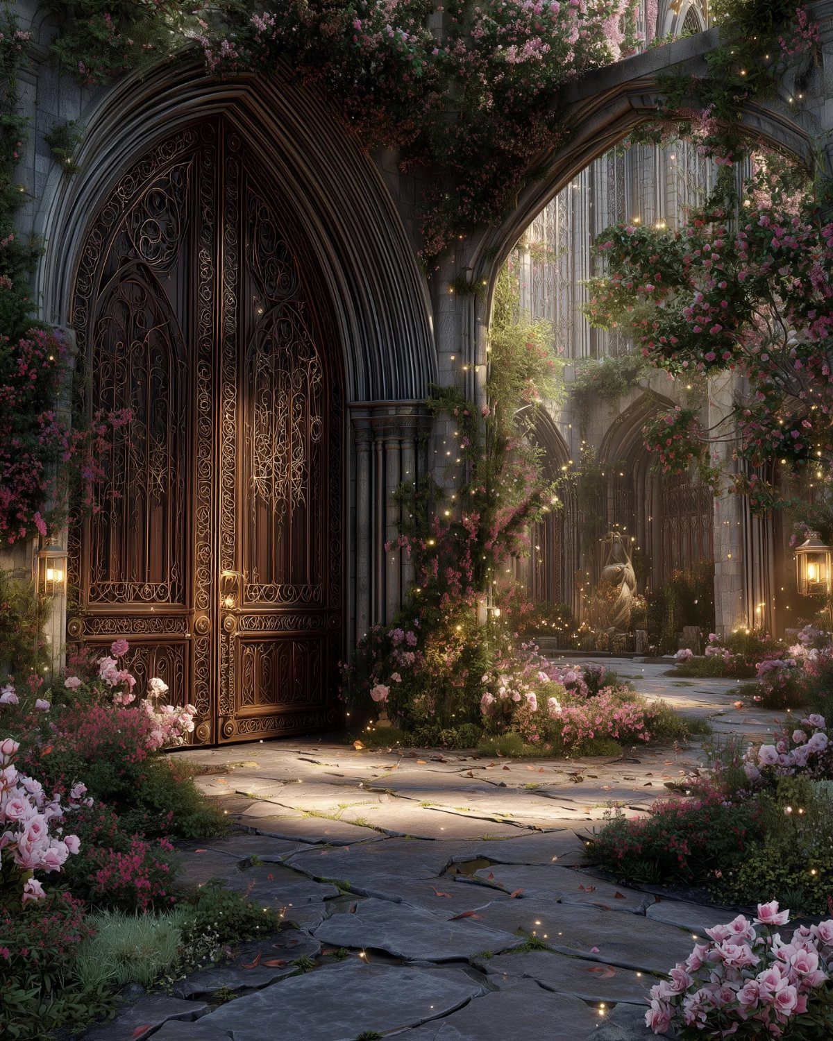 Dream Garden for Your Aesthetic: 20 Ideas to Steal 16 Ornate wooden gothic doors surrounded by pink flowers and lush greenery in a sunlit stone courtyard.