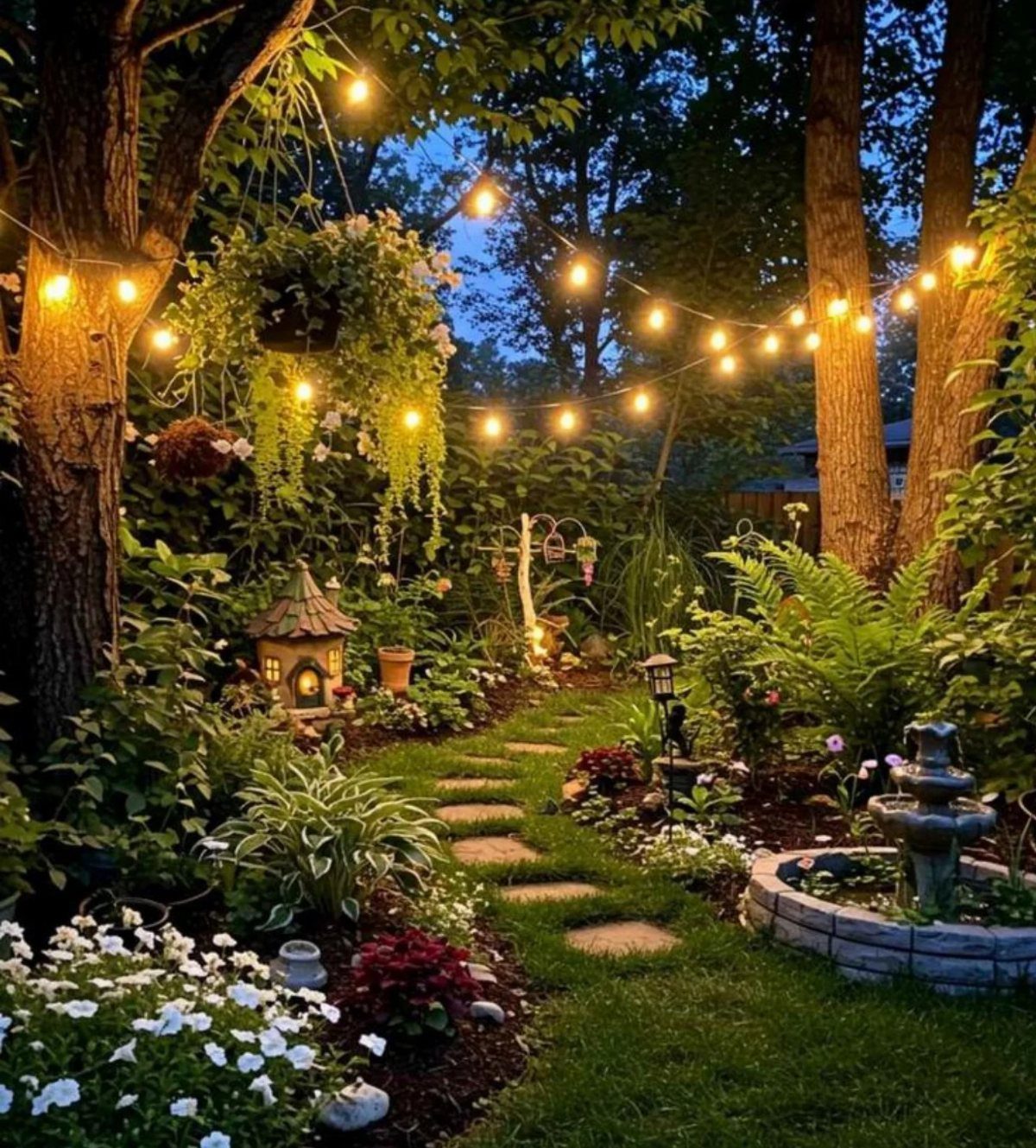 Dream Garden for Your Aesthetic: 20 Ideas to Steal 9 Stepping stones create a winding path through a lush, illuminated garden at twilight.