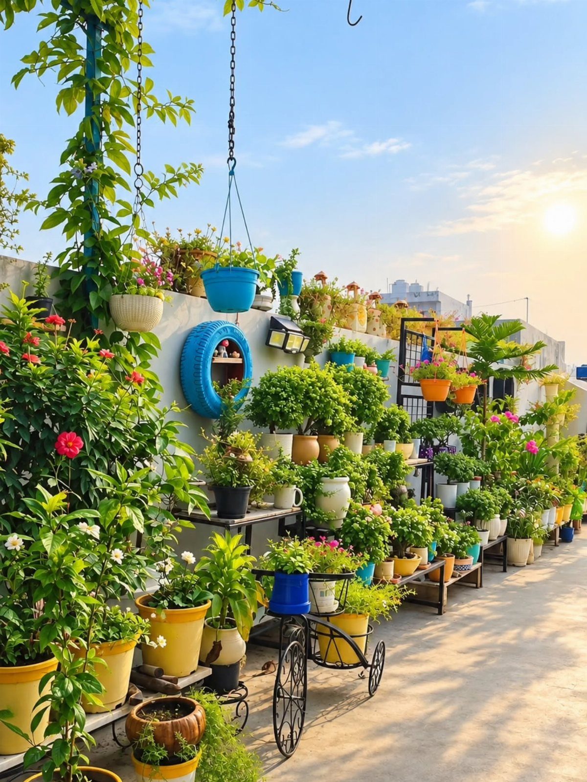 Dream Garden for Your Aesthetic: 20 Ideas to Steal 20 A lush rooftop garden featuring various potted plants, hanging blue planters, and a decorative bicycle.
