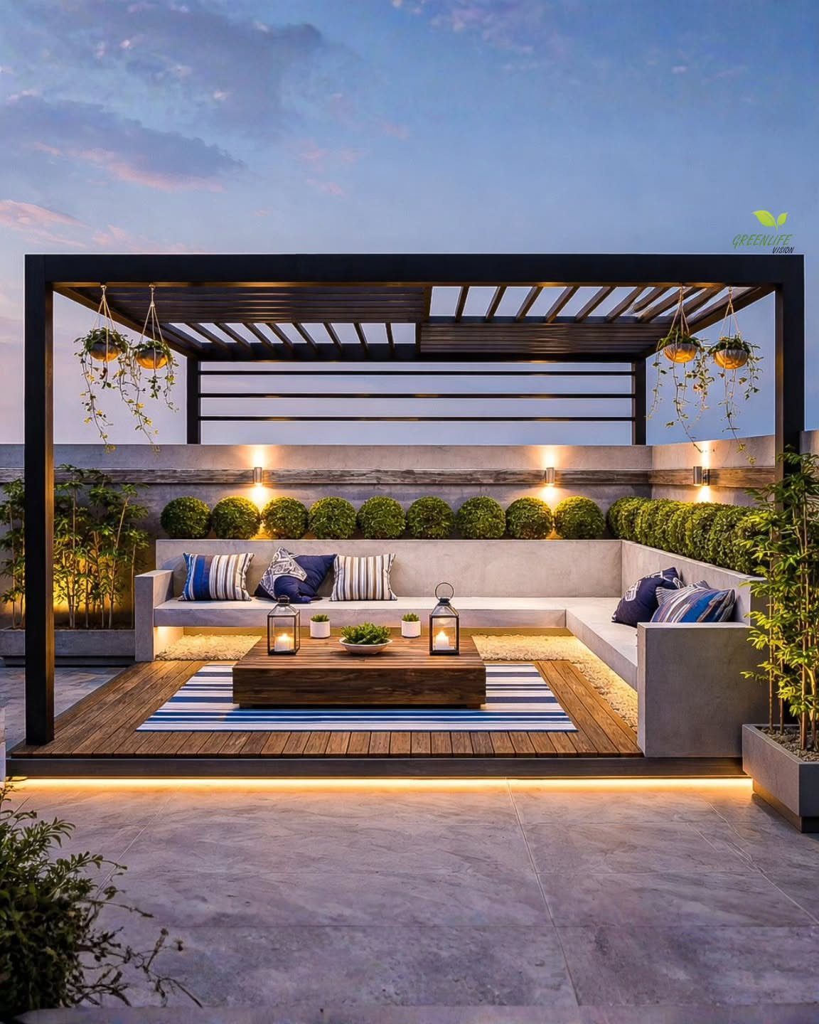 Dream Garden for Your Aesthetic: 20 Ideas to Steal 6 Modern black pergola sheltering a contemporary outdoor lounge with white sofas and wooden decking.