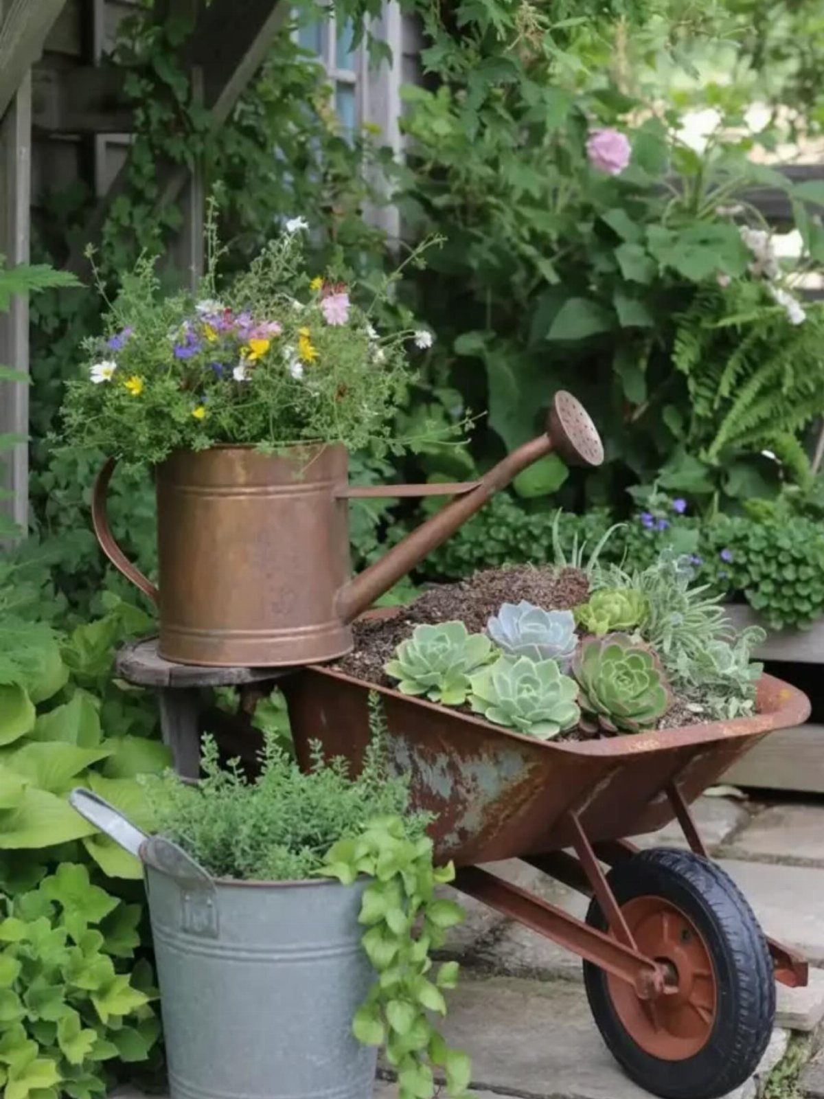 Dream Garden for Your Aesthetic: 20 Ideas to Steal 14 Rusty wheelbarrow and copper watering can filled with succulents and wildflowers in a garden.