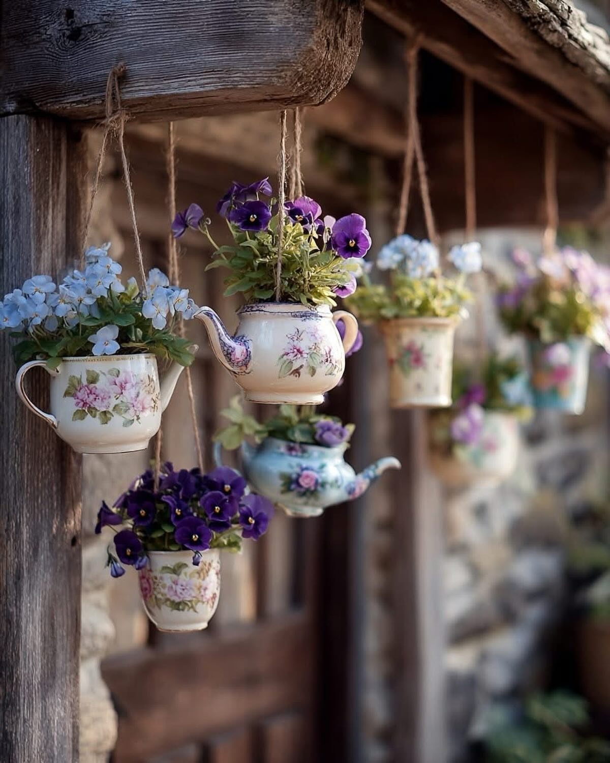 Dream Garden for Your Aesthetic: 20 Ideas to Steal 13 Floral teapots and teacups hanging from a wooden beam as planters with colorful flowers.