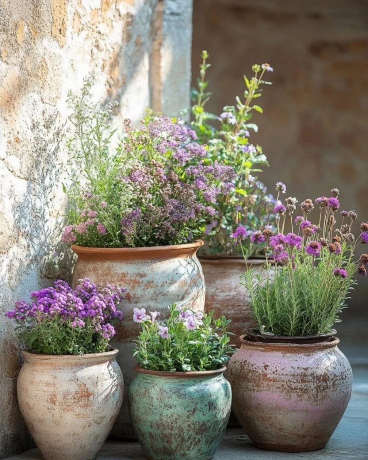 Dream Garden for Your Aesthetic: 20 Ideas to Steal 15 Assorted weathered ceramic pots filled with blooming purple and pink wildflowers against a stone wall.