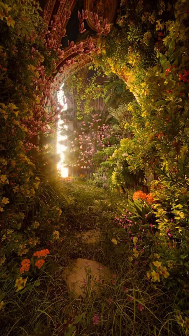 Dream Garden for Your Aesthetic: 20 Ideas to Steal 11 A stone archway framing a sunlit, flower-filled garden path with dense greenery.