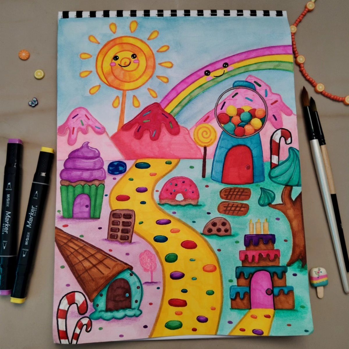 Dream Garden Drawing: 10 Ideas for Your Next Sketch 1 A colorful watercolor drawing of a whimsical candy land landscape with sweets and a rainbow.