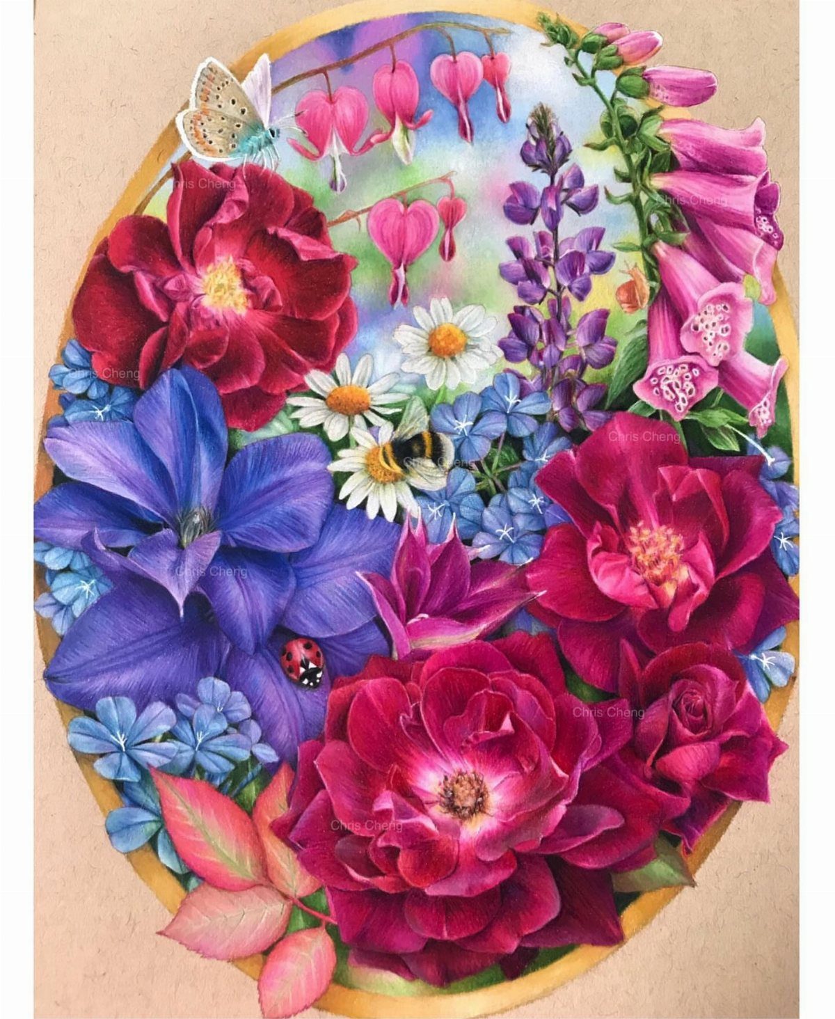 Dream Garden Drawing: 10 Ideas for Your Next Sketch 5 A vibrant colored pencil drawing of various colorful flowers including roses, clematis, and bleeding hearts.