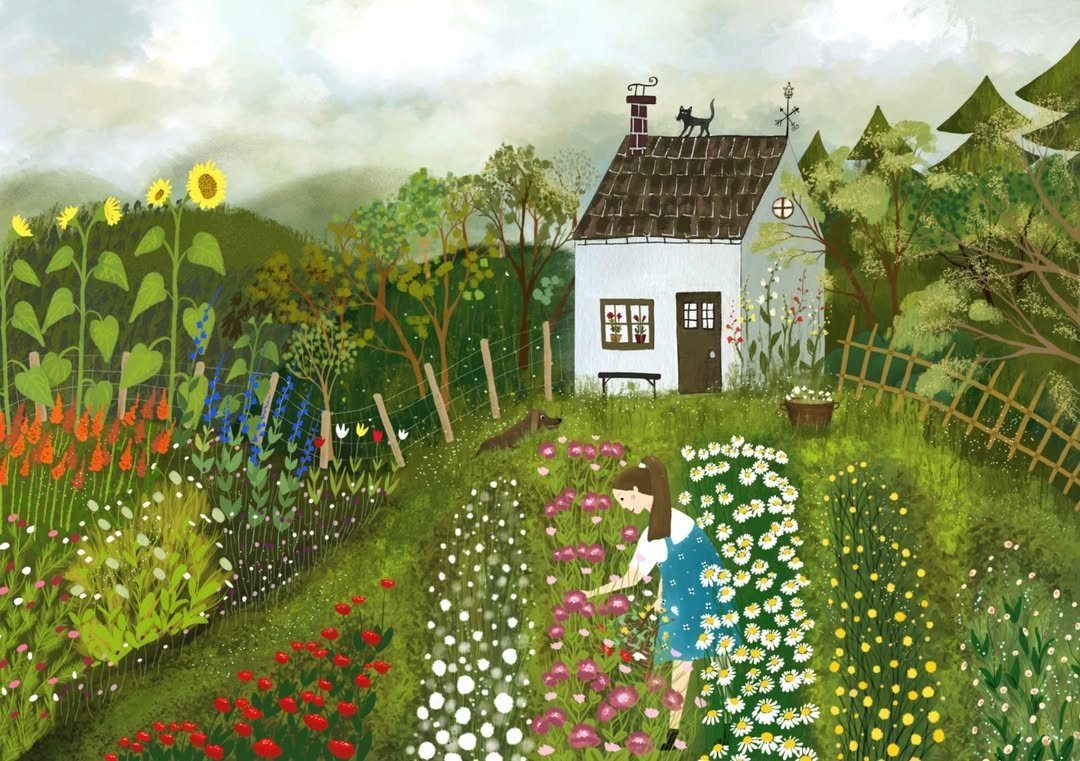 Dream Garden Drawing: 10 Ideas for Your Next Sketch 7 An illustration of a girl tending to colorful flower rows in a lush garden near a cottage.