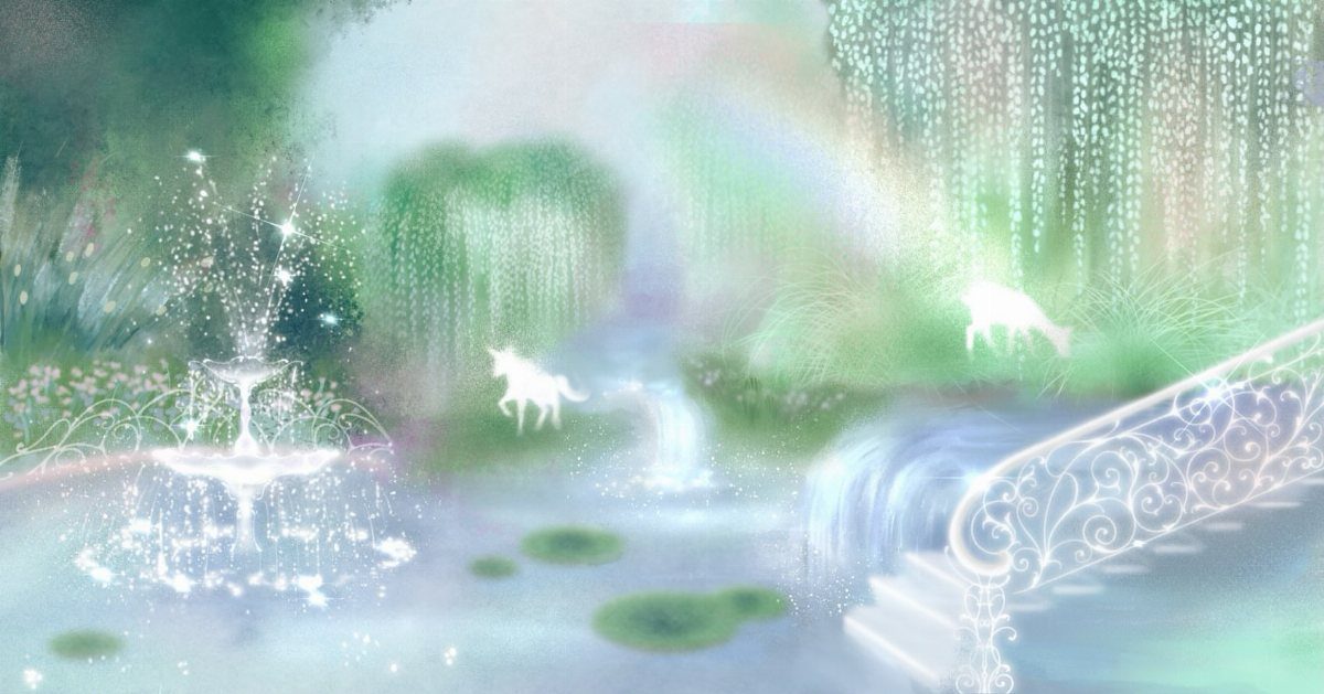 Dream Garden Drawing: 10 Ideas for Your Next Sketch 9 Ethereal garden landscape with a glowing fountain, unicorns, and a soft rainbow in a misty forest.