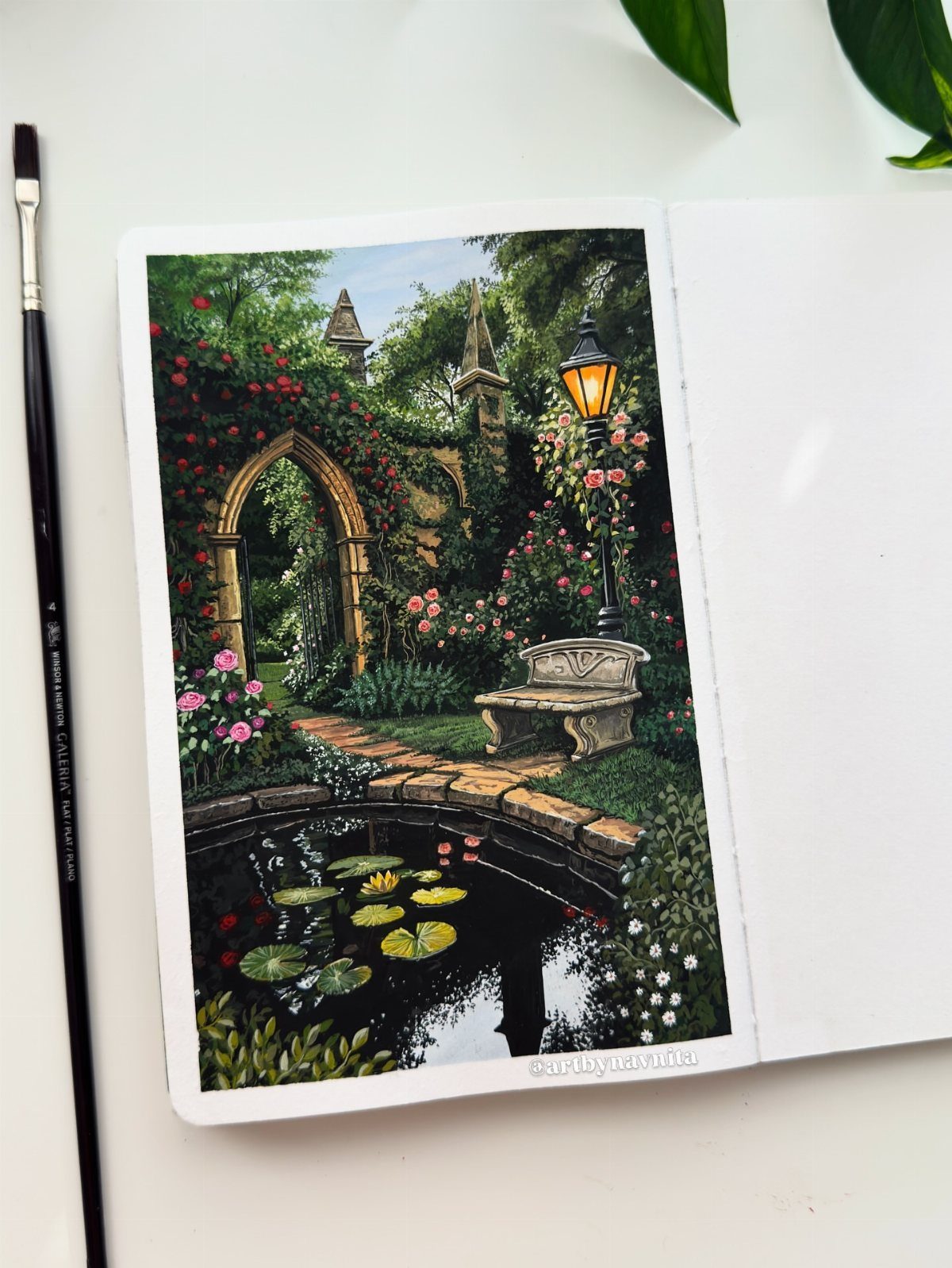 Dream Garden Drawing: 10 Ideas for Your Next Sketch 6 A detailed colored drawing of a lush garden featuring an archway, stone bench, and lily pond.