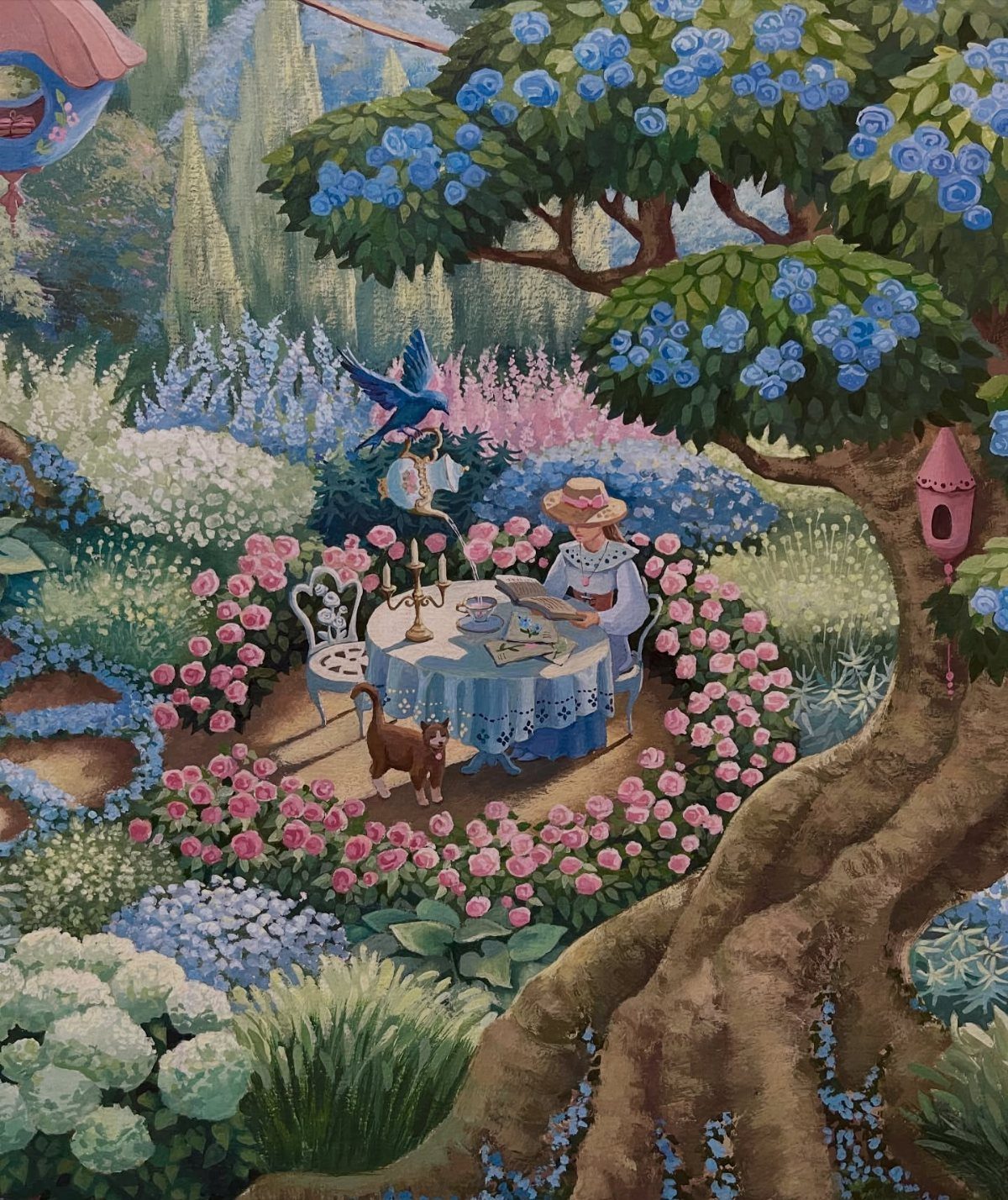 Dream Garden Drawing: 10 Ideas for Your Next Sketch 8 A woman sits at a garden table surrounded by blooming pink and blue flowers.