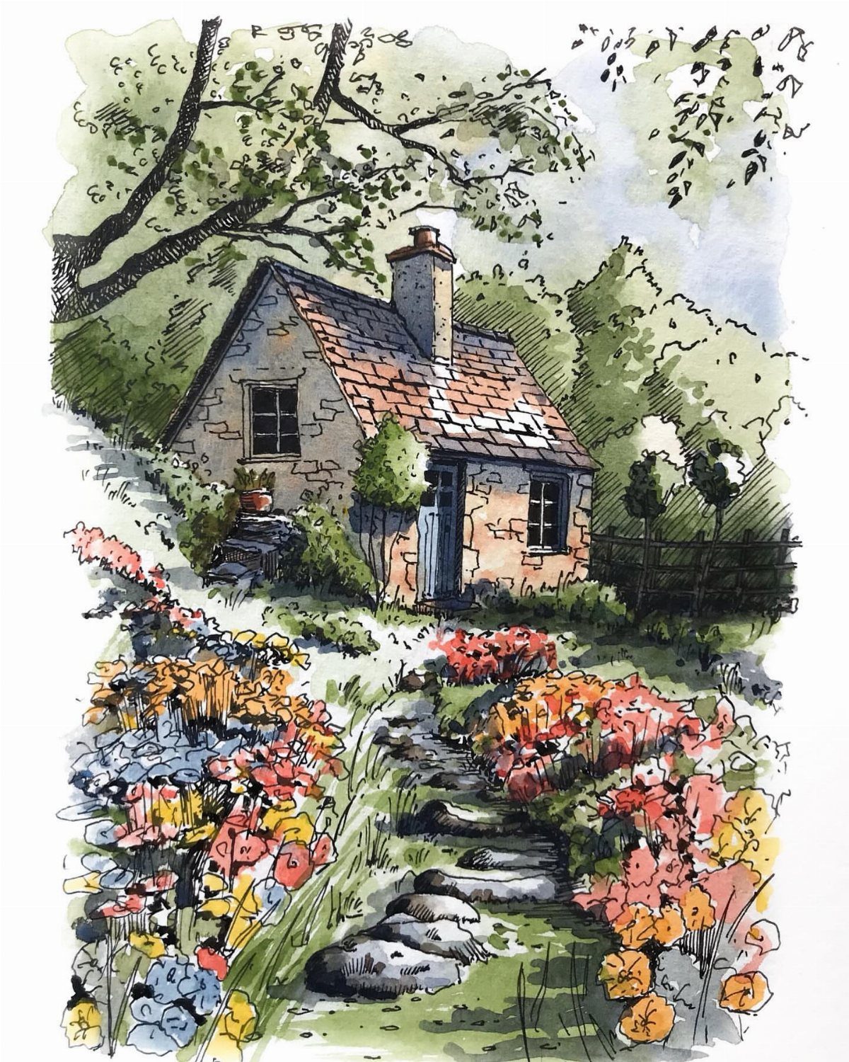 Dream Garden Drawing: 10 Ideas for Your Next Sketch 4 Watercolor and ink sketch of a stone cottage nestled within a colorful, blooming garden.