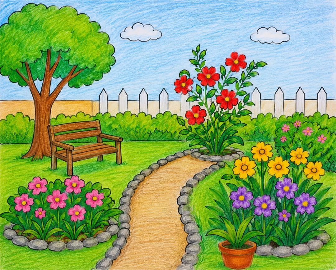 Dream Garden Drawing: 10 Ideas for Your Next Sketch 3 A colorful colored-pencil drawing of a garden with a path, bench, tree, and various flowers.