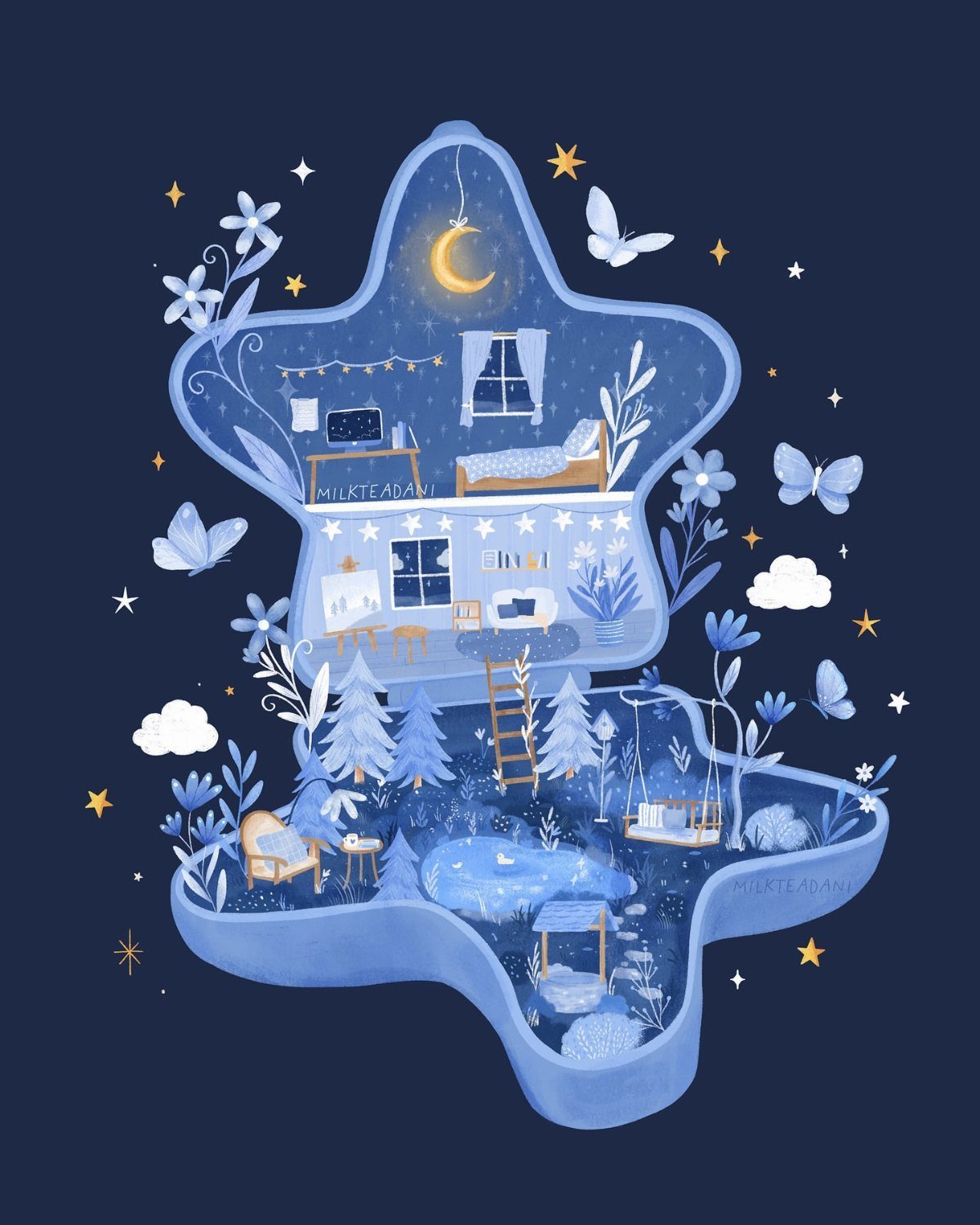 Dream Garden Drawing: 10 Ideas for Your Next Sketch 10 A blue star-shaped illustration containing a bedroom, living room, and a magical garden with trees and a pond.