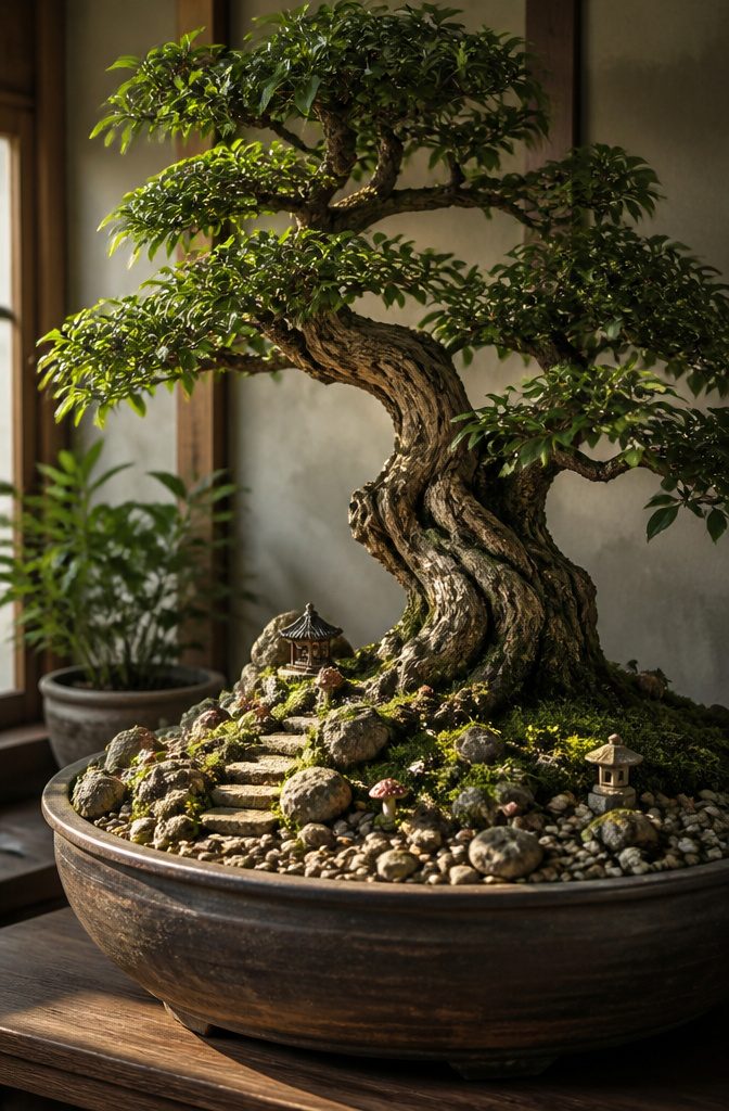 A gnarled bonsai tree creating a miniature forest atmosphere.
