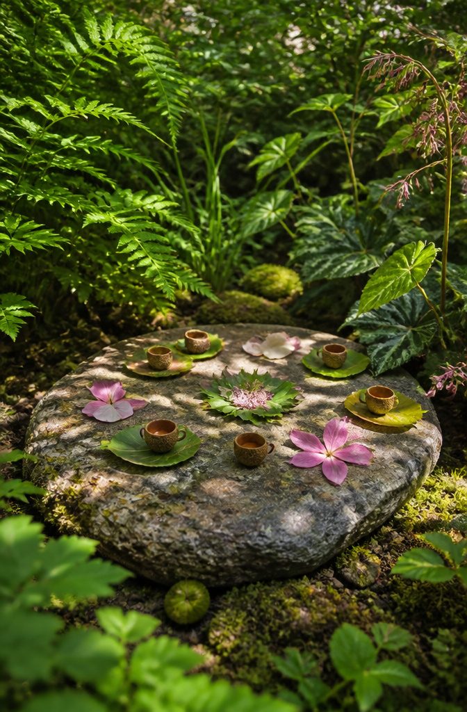Acorn caps and leaves arranged as a tiny tea party setup.