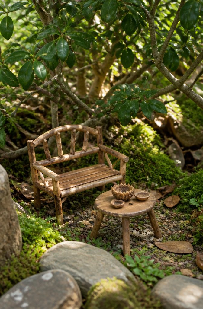 A small wooden bench and table set in a natural garden.
