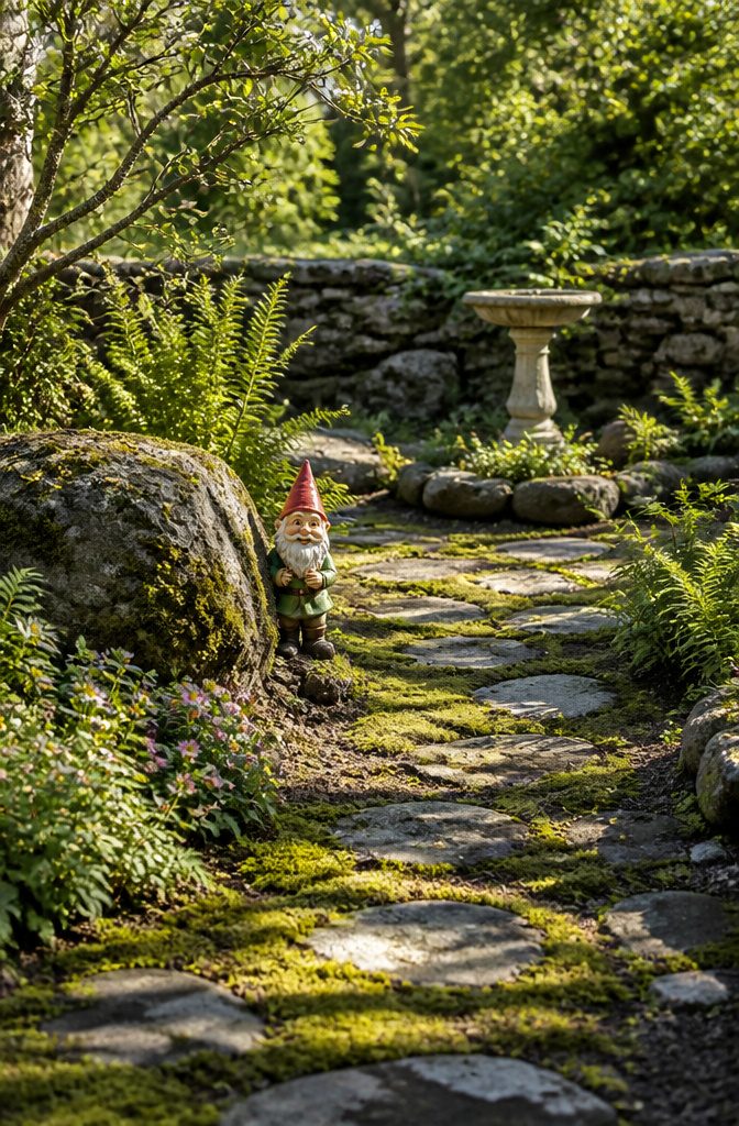 A gnome partially hidden in greenery within a fairy garden.