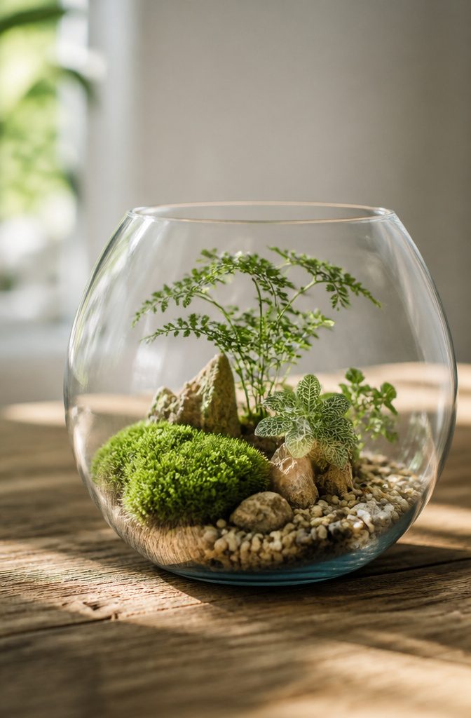 A glass bowl filled with soil and small plants, no fish.