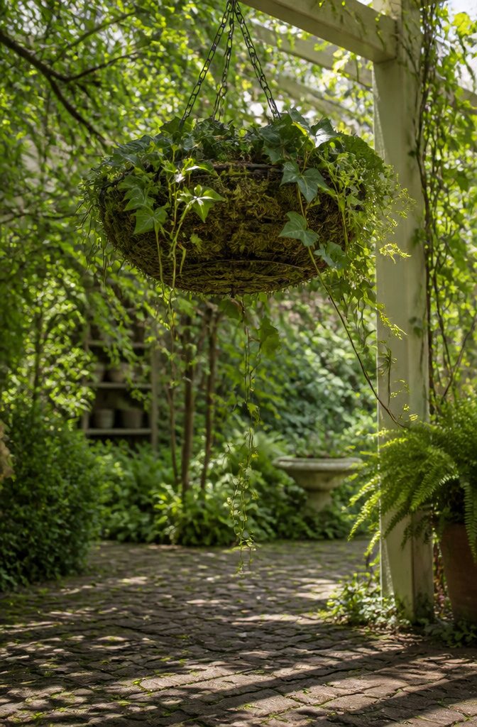 A wire basket filled with plants, suspended and lined with moss.