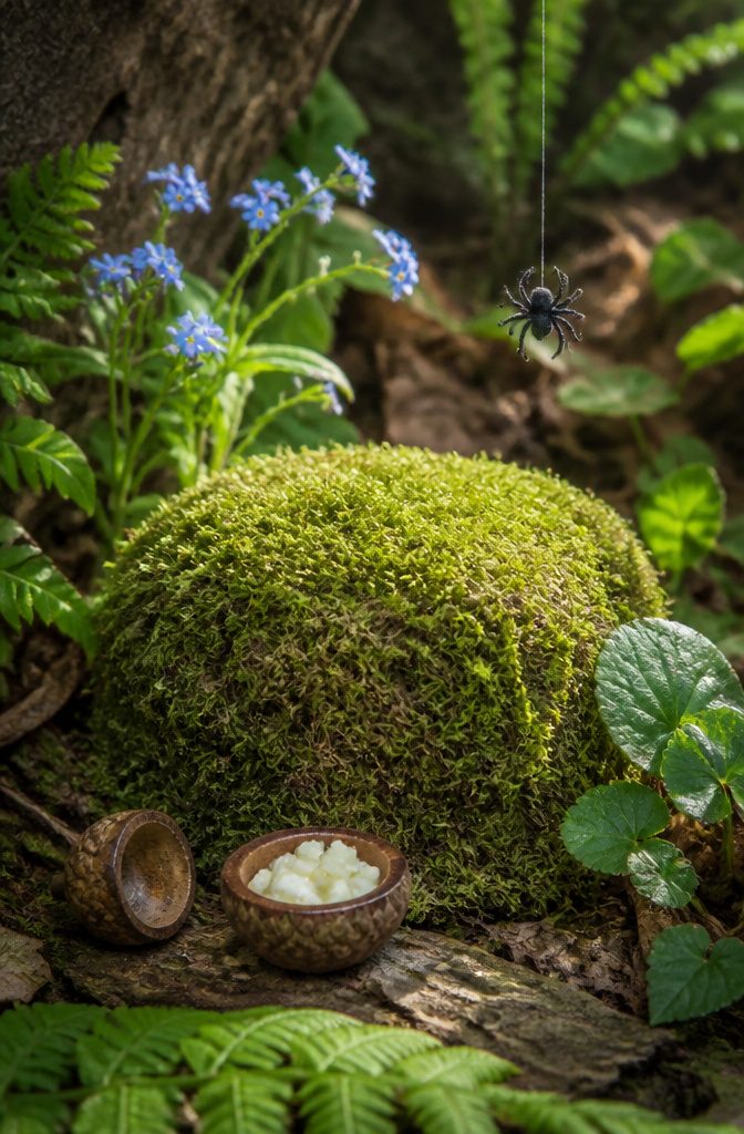 A moss tuffet and acorn bowl depict a nursery rhyme scene.