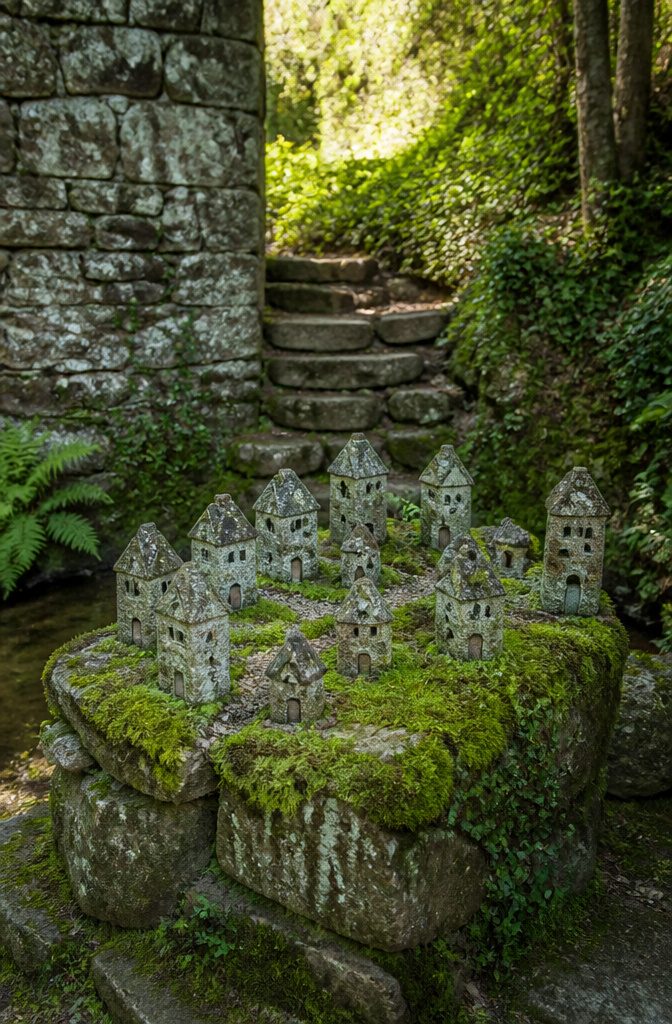 Three small stone houses arranged to form a village scene.