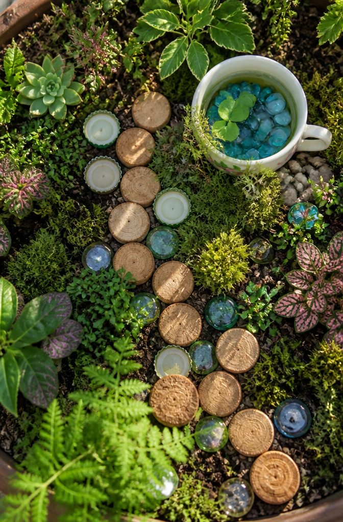Corks and bottle caps used as stepping stones in a garden.