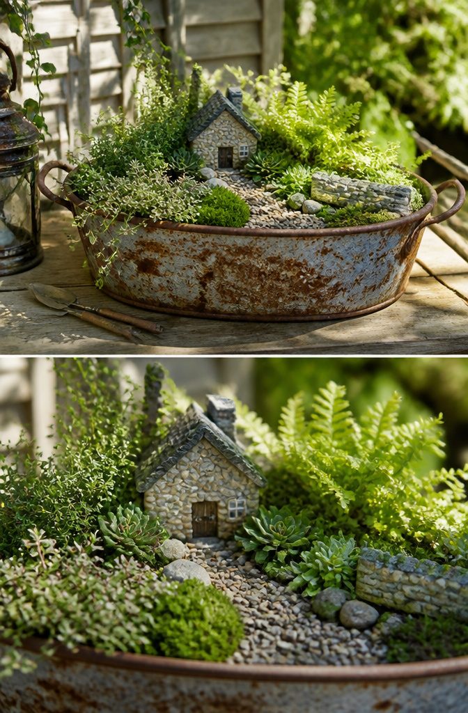 A rustic wheelbarrow filled with plants creating a miniature garden.