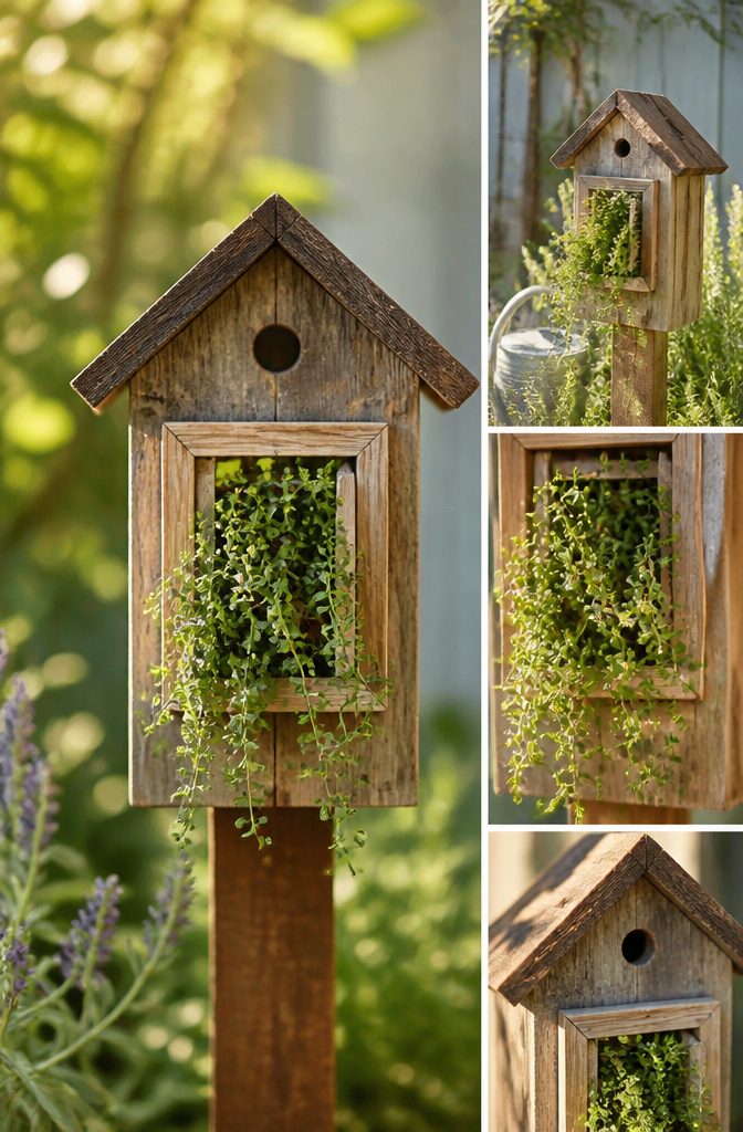 A birdhouse with an opening filled with small plants.