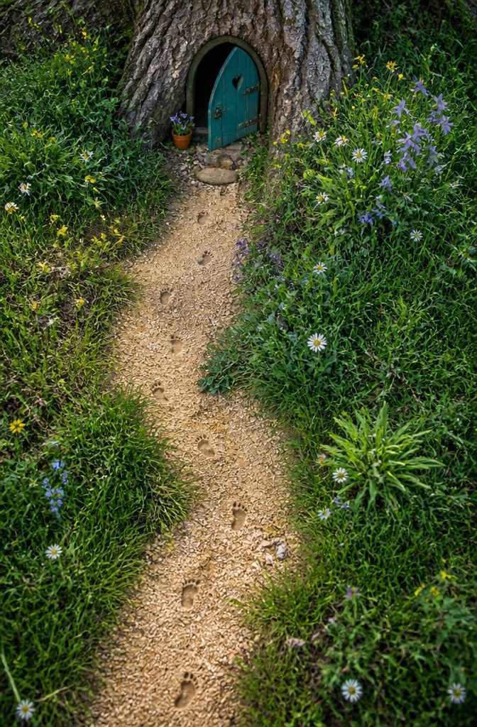 Small footprints in gravel leading to a tiny door.