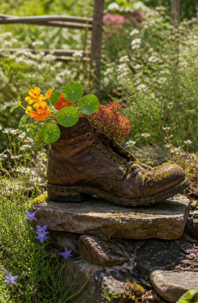 A tipped leather boot filled with soil and trailing plants.