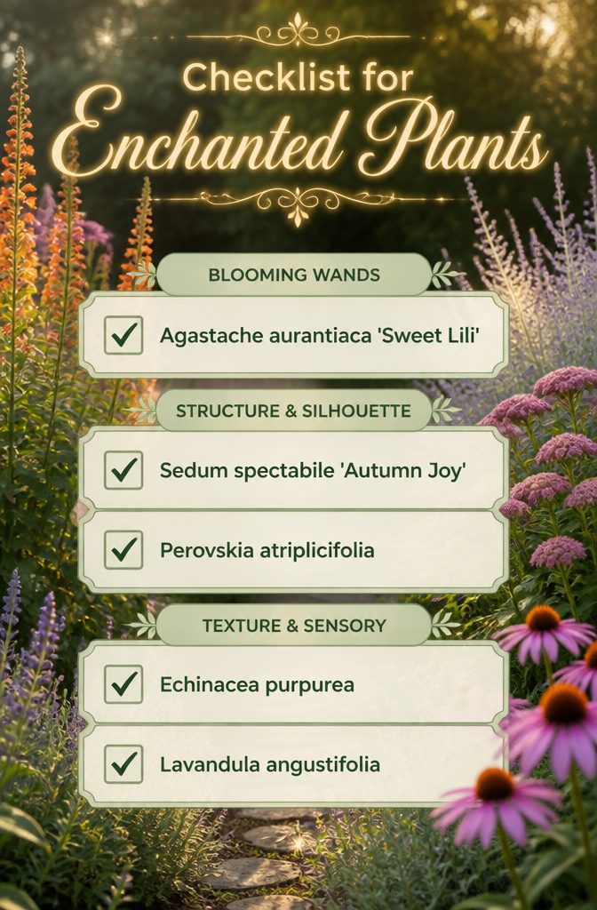Checklist of plants that contribute to an enchanted garden.