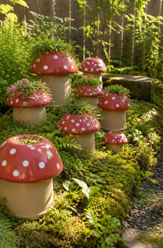 Brightly painted terracotta pots resembling toadstools among green plants.
